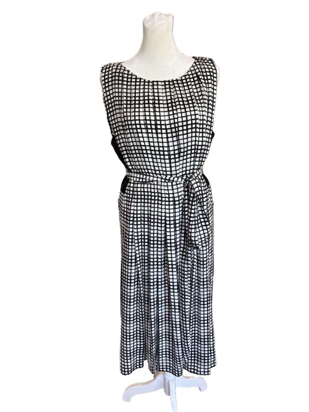 L'AGENCE Black and White Grid Sleeveless Belted Midi Dress Size 10 career